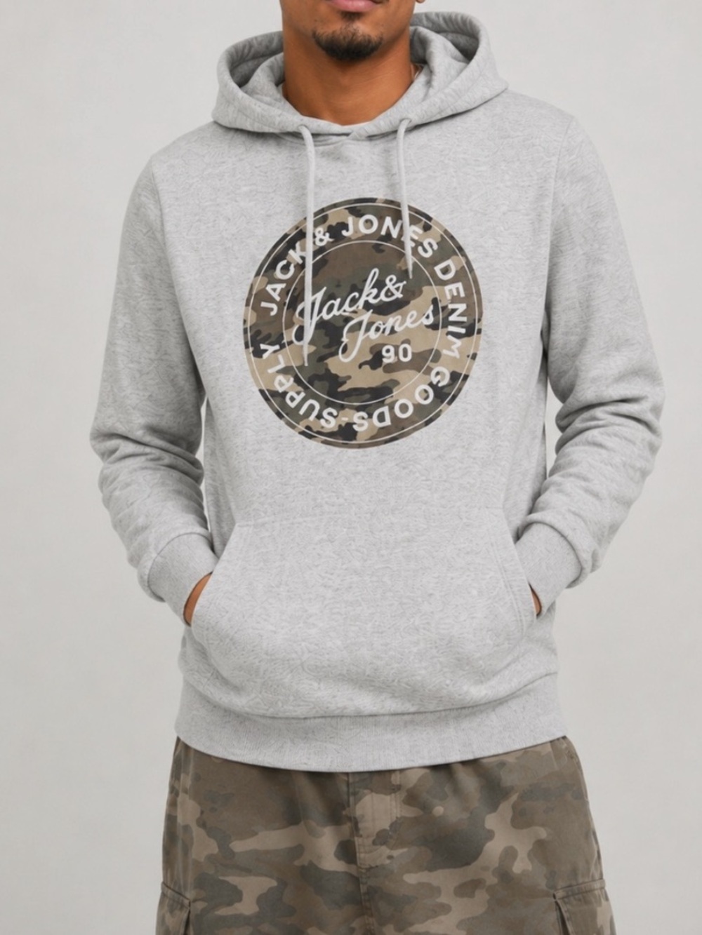 Jack & Jones Relax Fit Light Grey Hoodie with Camo Logo Patch Casual Streetwear